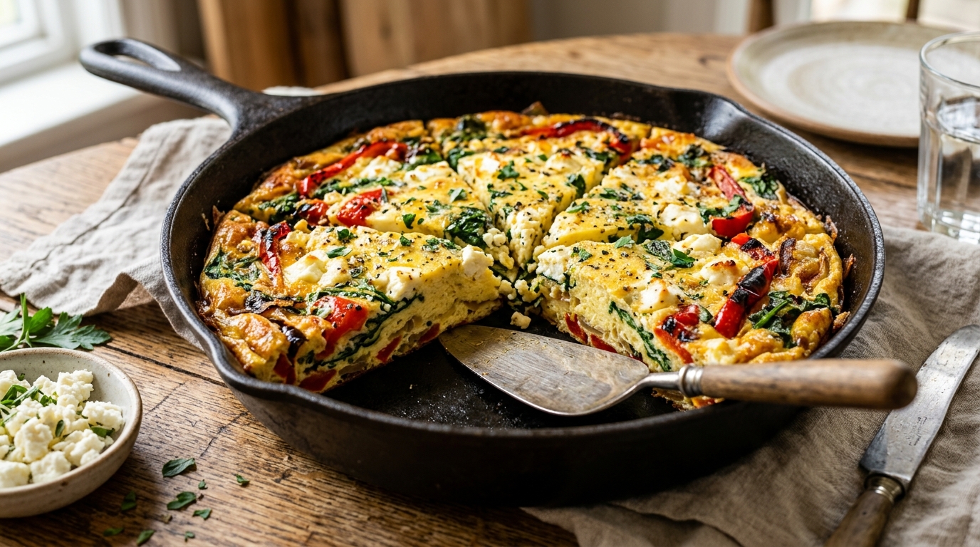 Golden Italian frittata with roasted red peppers, spinach and feta in a cast iron skillet cut into wedges
