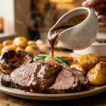 Rich brown beef gravy being poured from a white gravy boat over roast beef with roast potatoes