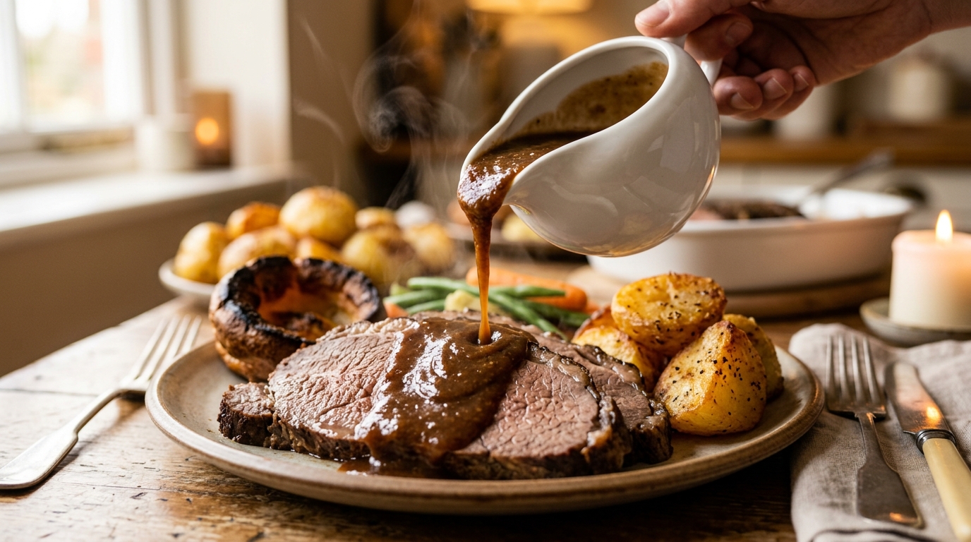 Rich brown beef gravy being poured from a white gravy boat over roast beef with roast potatoes