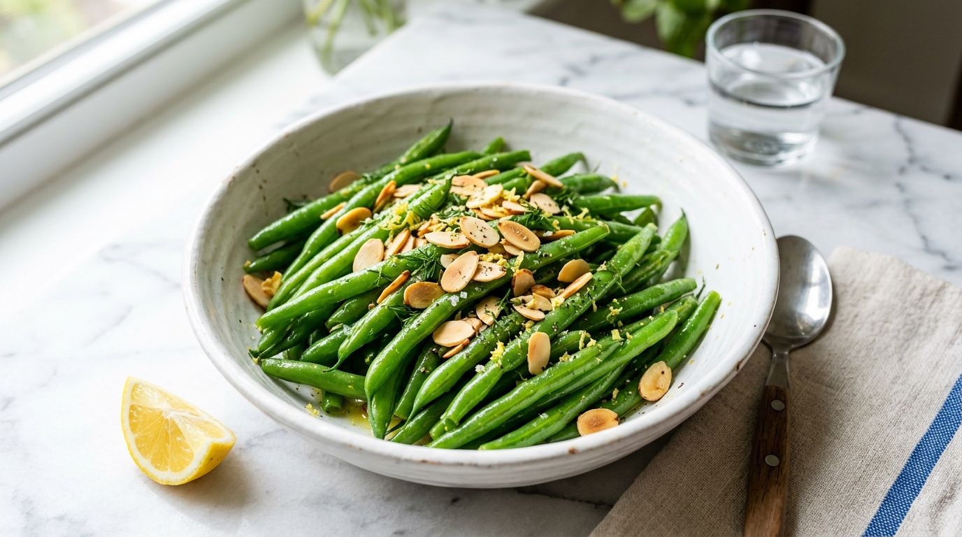 Crisp cooked green beans in a white bowl with toasted almonds and fresh lemon on a marble surface