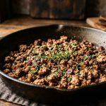 Seasoned browned ground turkey in a cast iron skillet with fresh thyme and cracked black pepper