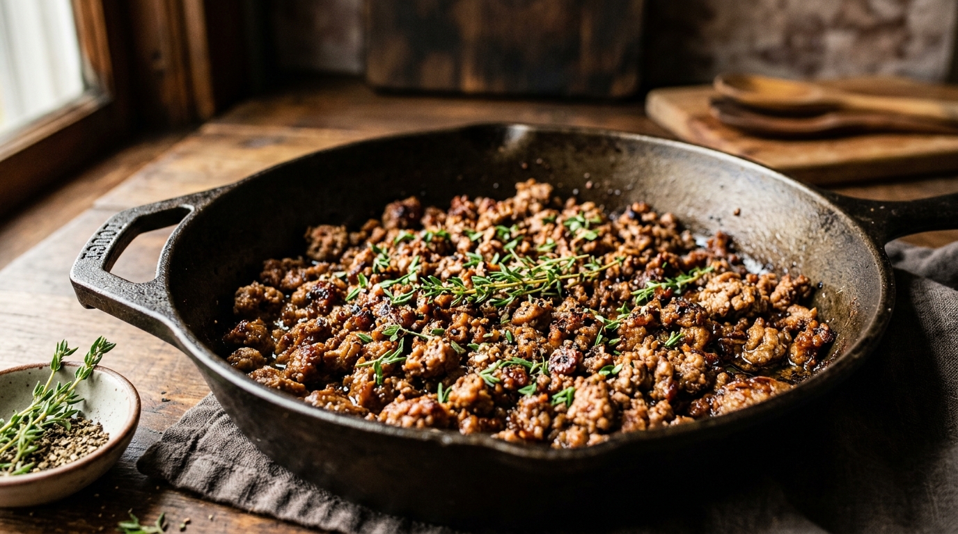 Seasoned browned ground turkey in a cast iron skillet with fresh thyme and cracked black pepper