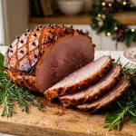 Glazed honey roast ham sliced on a wooden board with herbs and mustard, festive kitchen setting