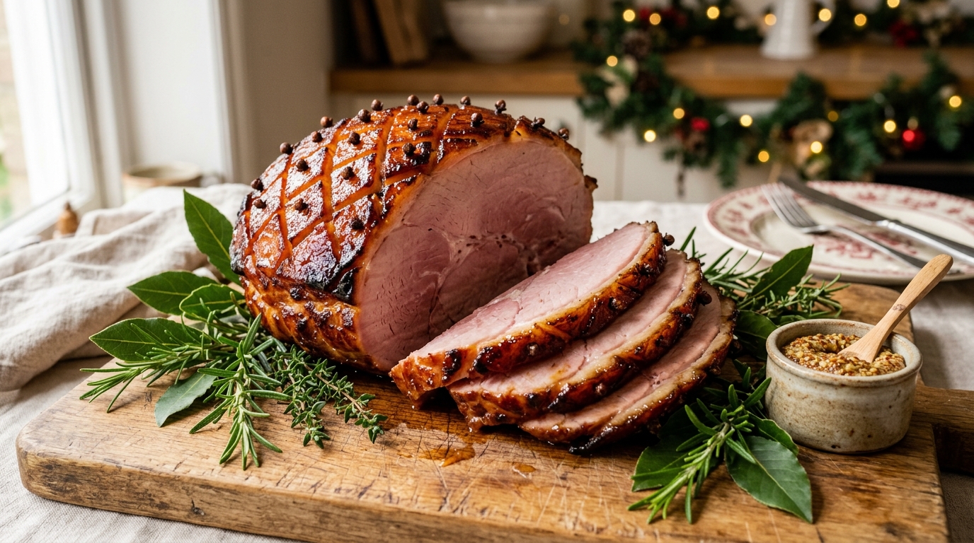 Glazed honey roast ham sliced on a wooden board with herbs and mustard, festive kitchen setting