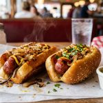 Two juicy hot dogs in toasted buns with mustard, ketchup and caramelised onions in an American diner