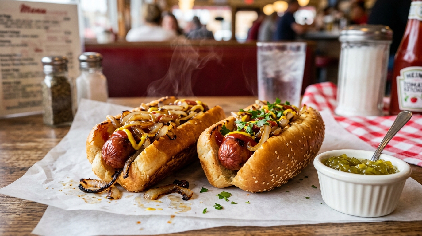 Two juicy hot dogs in toasted buns with mustard, ketchup and caramelised onions in an American diner