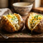 Two baked jacket potatoes split open with sour cream, cheddar cheese and chives on a rustic wooden board