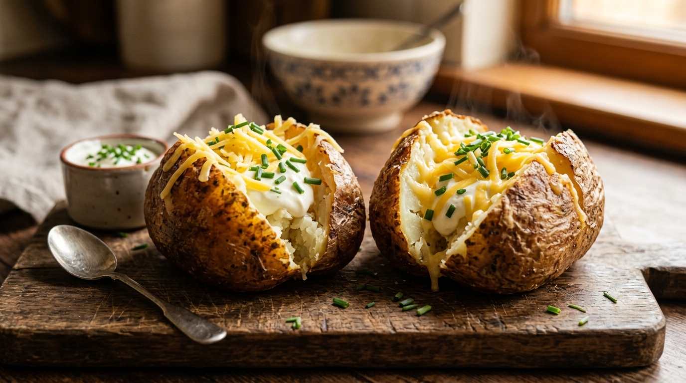 Two baked jacket potatoes split open with sour cream, cheddar cheese and chives on a rustic wooden board