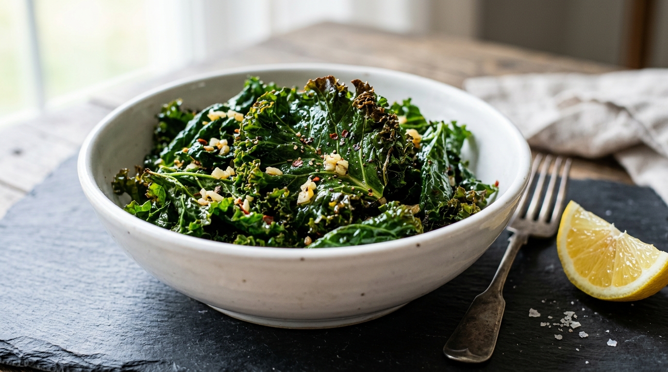 Bowl of sautéed kale with garlic and lemon, dark crispy leaves with olive oil on a slate surface