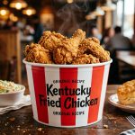 Crispy Kentucky fried chicken pieces in a striped bucket with coleslaw and biscuits on a wooden table