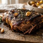 Slow roasted lamb shoulder with golden caramelized crust, rosemary and roasted garlic on a wooden board