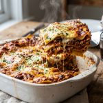 Slice of beef lasagna being lifted from a white ceramic dish with layers of pasta, meat ragu and béchamel