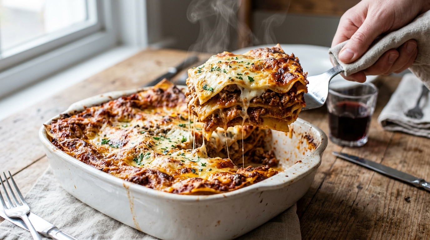 Slice of beef lasagna being lifted from a white ceramic dish with layers of pasta, meat ragu and béchamel