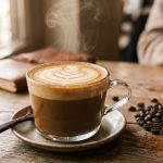 Frothy latte in a glass mug with delicate latte art, steam rising, coffee beans and cinnamon on a wooden cafe table