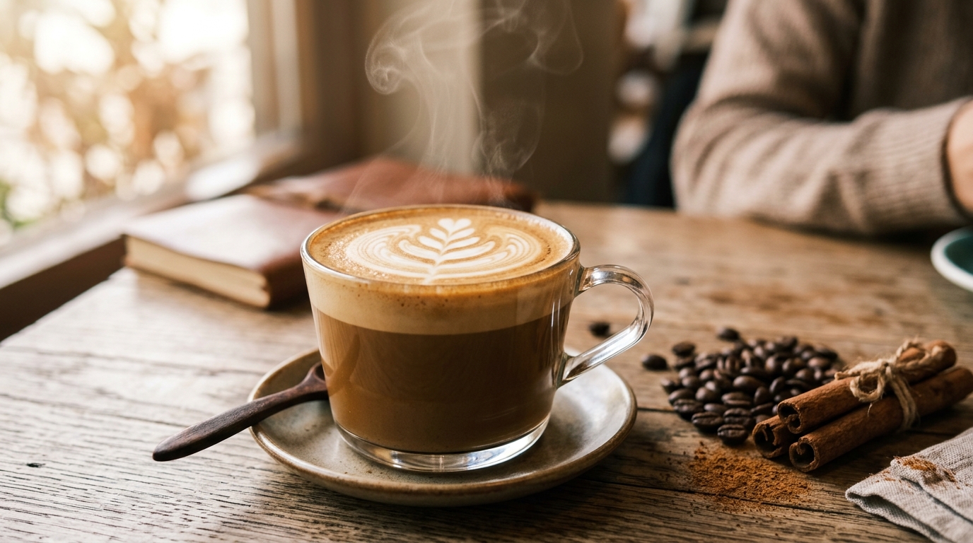 Frothy latte in a glass mug with delicate latte art, steam rising, coffee beans and cinnamon on a wooden cafe table