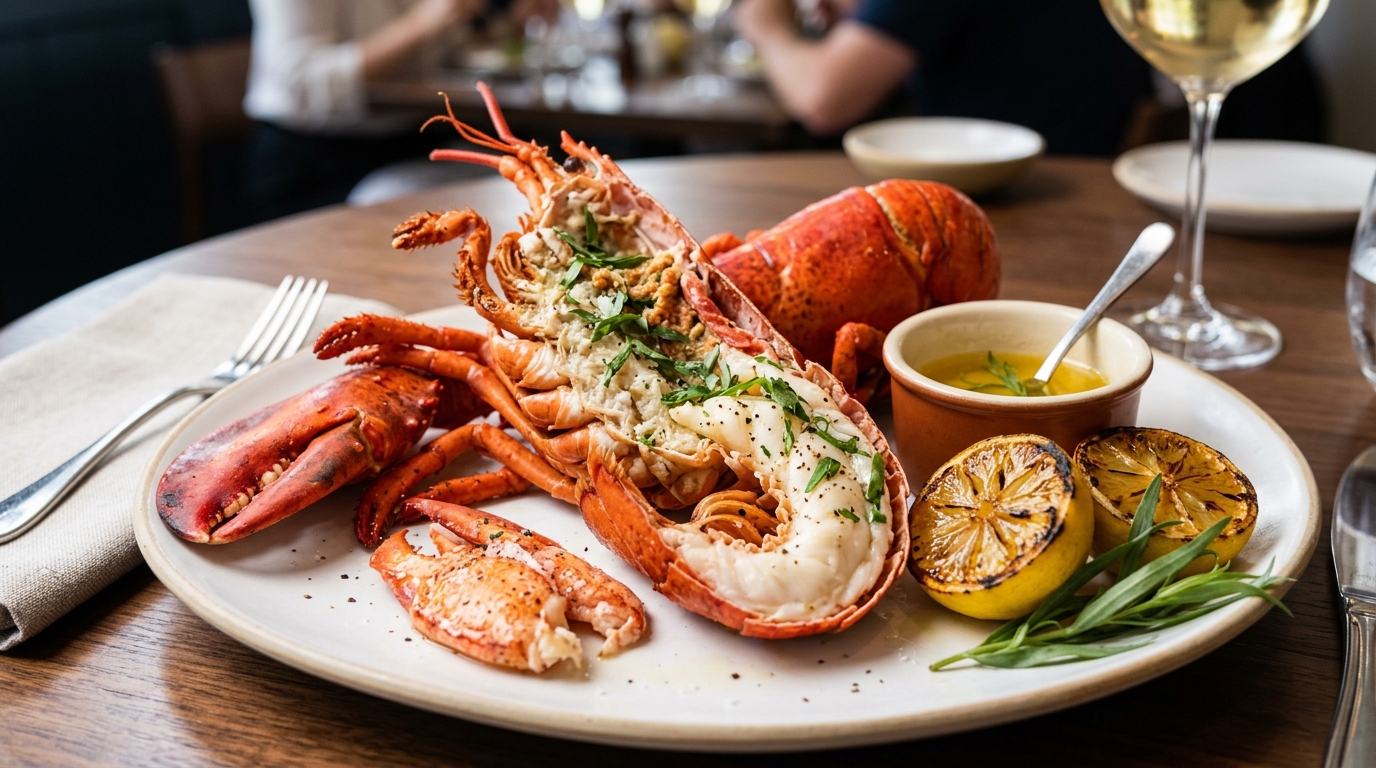 Whole steamed lobster split open on a white plate with clarified butter, lemon and tarragon