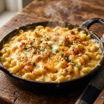 Creamy mac and cheese in a cast iron skillet with golden cheese topping and steam