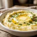 Creamy mashed potatoes in a white bowl with melting butter and fresh chives