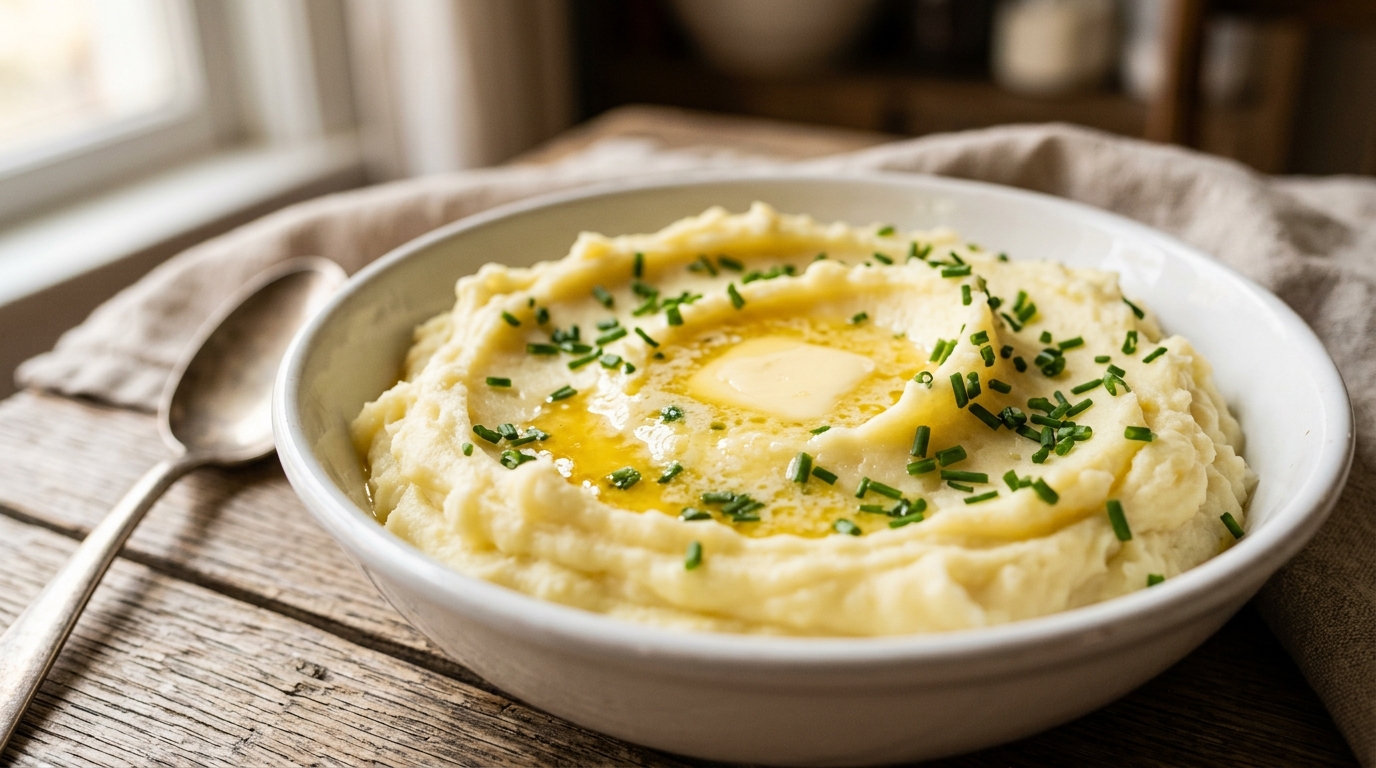 Creamy mashed potatoes in a white bowl with melting butter and fresh chives