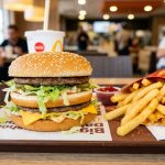 McDonald's burger and fries on a tray with golden crispy fries and sesame bun