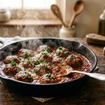 Hot tender reheated meatballs in rich marinara sauce in a skillet