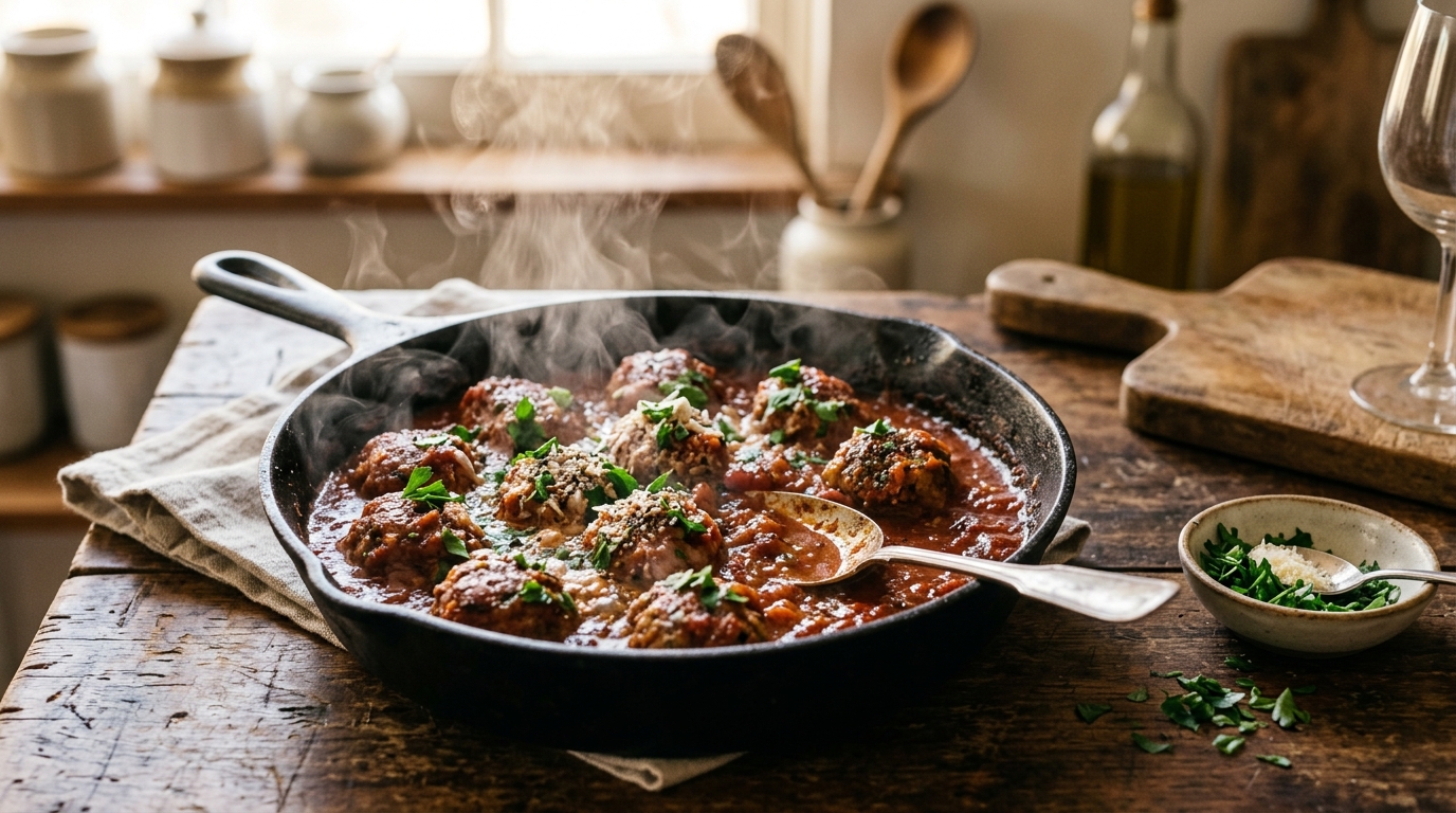Hot tender reheated meatballs in rich marinara sauce in a skillet