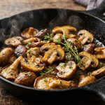 Sauteed mushrooms reheating in a cast iron pan with thyme