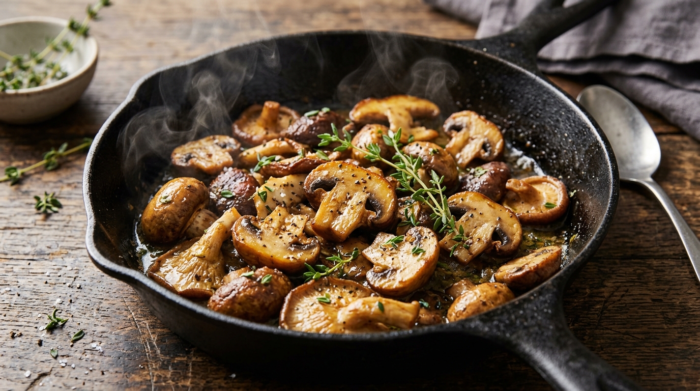 Sautéed mushrooms reheating in a cast iron pan with thyme