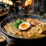 Steaming bowl of ramen with golden broth, soft-boiled egg, green onions and nori in a Japanese restaurant setting