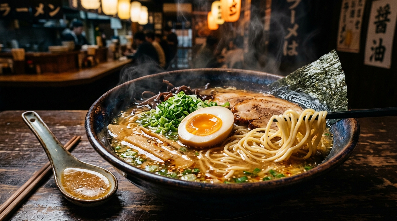 Steaming bowl of ramen with golden broth, soft-boiled egg, green onions and nori in a Japanese restaurant setting