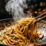 Stir-fried egg noodles being lifted from a wok with chopsticks, steam rising
