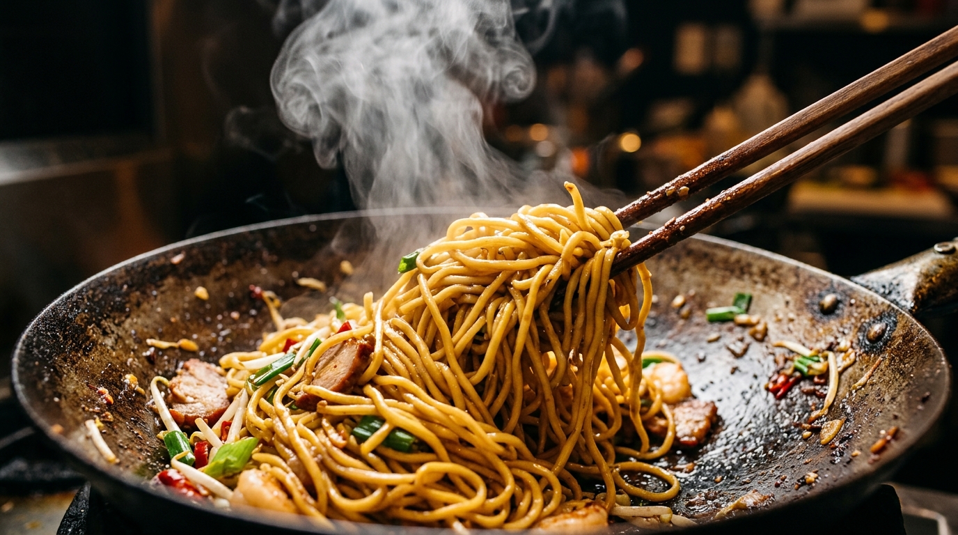 Stir-fried egg noodles being lifted from a wok with chopsticks, steam rising