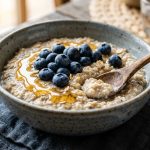 Creamy oatmeal with blueberries and honey drizzle in a ceramic bowl with wooden spoon