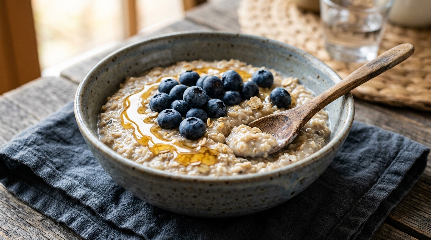 Creamy oatmeal with blueberries and honey drizzle in a ceramic bowl with wooden spoon