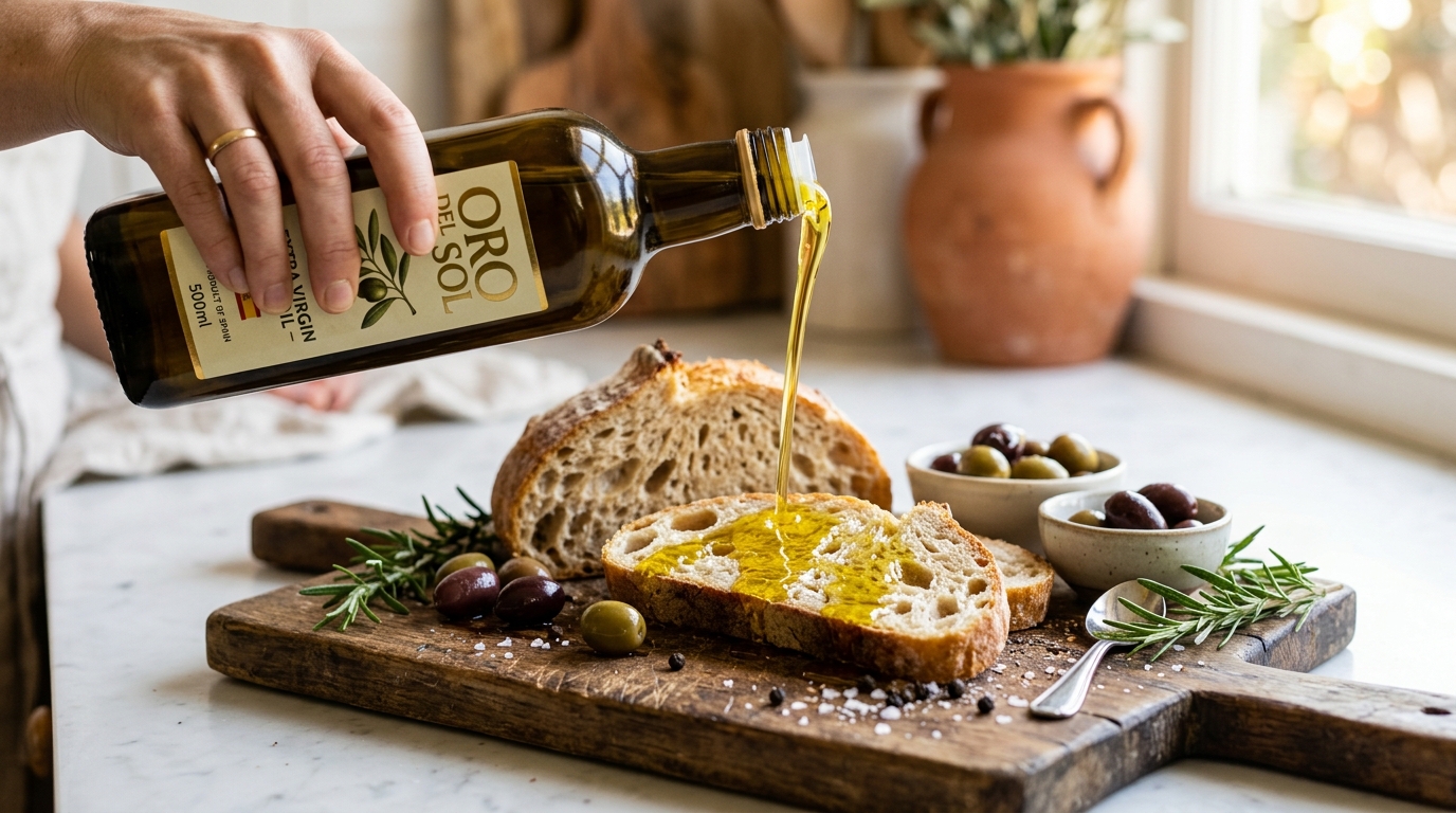 Bottle of extra virgin olive oil being drizzled over rustic bread and olives on a wooden board