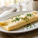 Perfectly folded French omelette with chives and butter on a white oval plate
