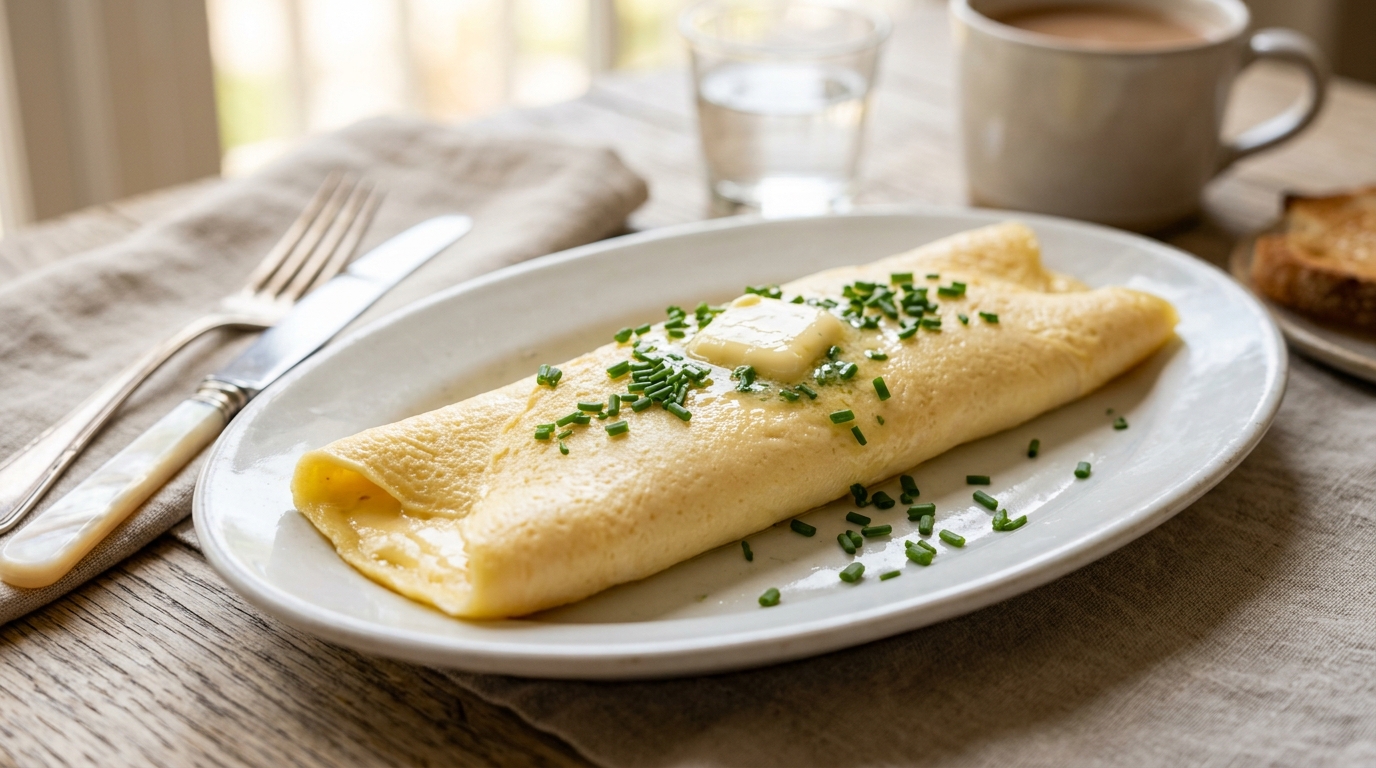 Perfectly folded French omelette with chives and butter on a white oval plate