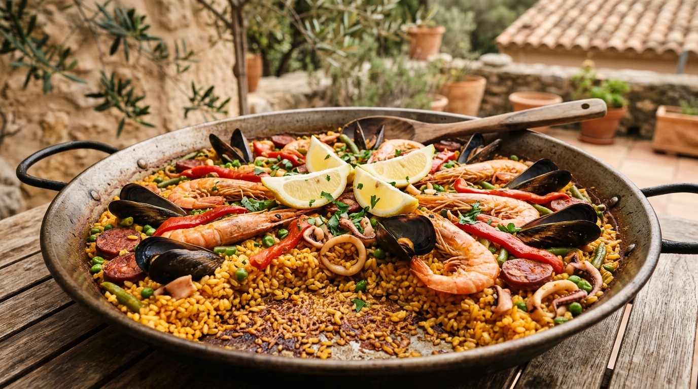 Traditional Spanish paella in a large pan with prawns, mussels, chorizo, squid and saffron rice