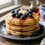 Stack of fluffy golden pancakes with maple syrup and fresh blueberries on a rustic wooden table