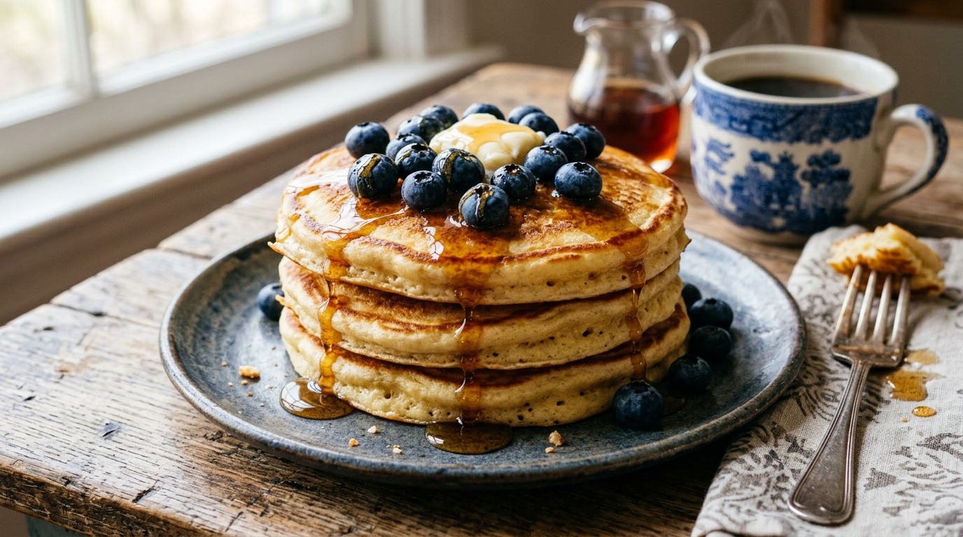 Stack of fluffy golden pancakes with maple syrup and fresh blueberries on a rustic wooden table