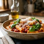 Freshly reheated pasta with tomato sauce, basil, and parmesan