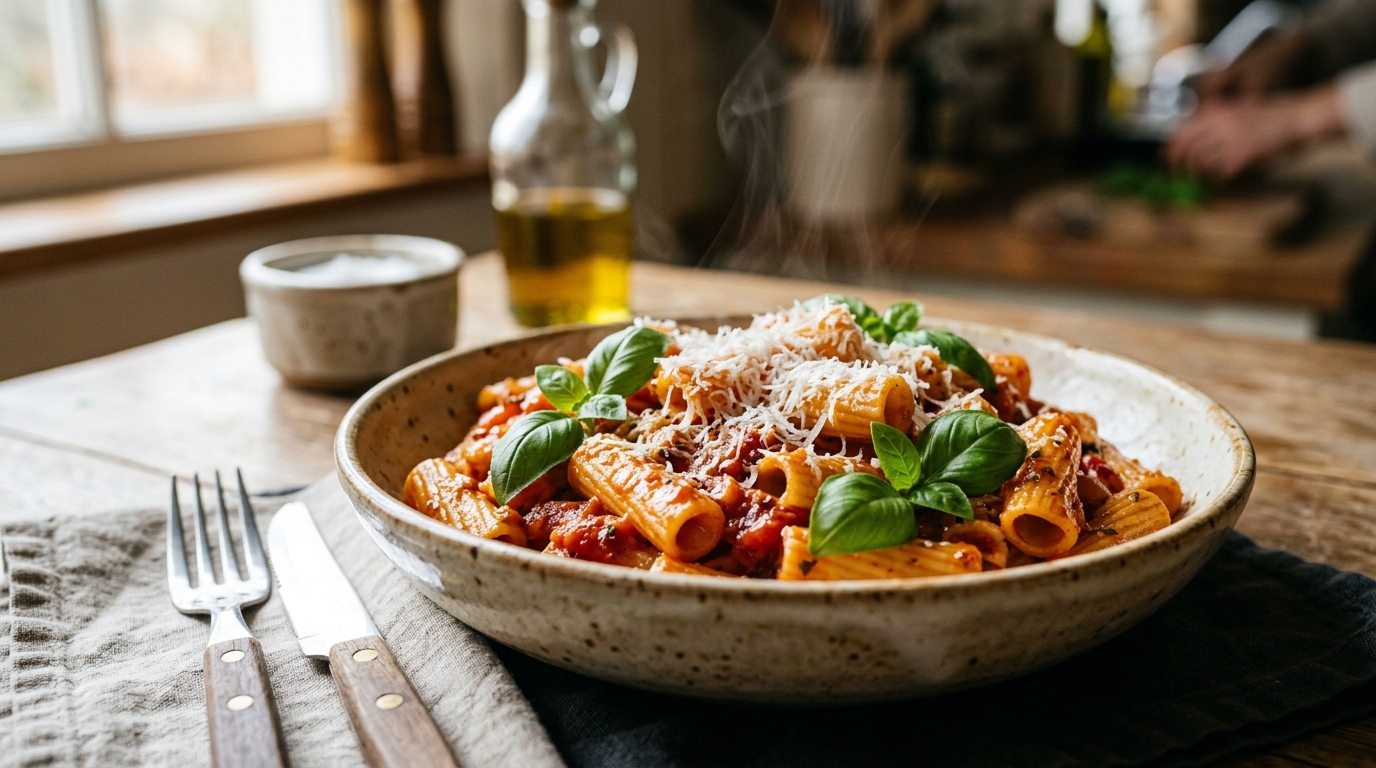 Freshly reheated pasta with tomato sauce, basil, and parmesan