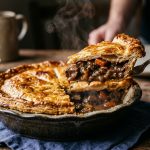 Golden flaky pastry pie being sliced open to reveal a rich steak and ale filling with steam rising