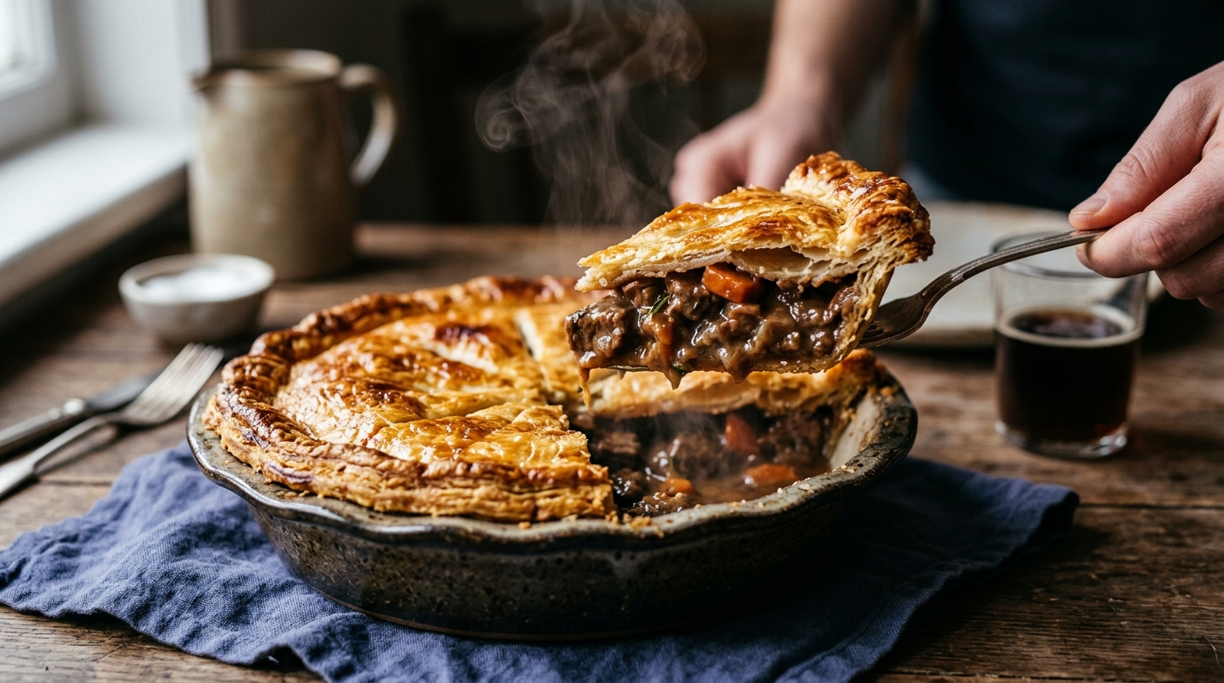 Golden flaky pastry pie being sliced open to reveal a rich steak and ale filling with steam rising