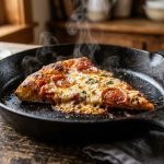 Pizza slice reheating in a cast iron skillet with melted cheese