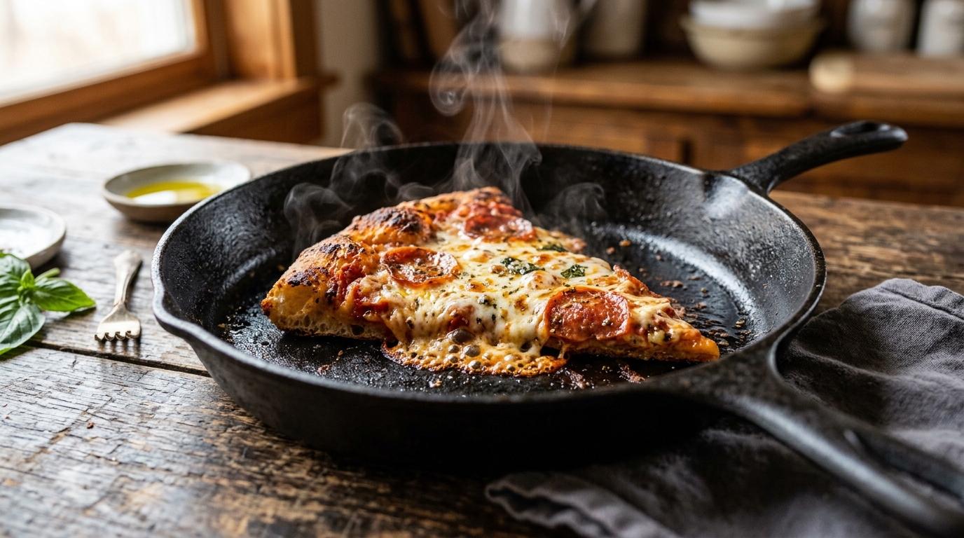 Pizza slice reheating in a cast iron skillet with melted cheese