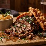 Slow roasted pulled pork with crispy crackling on a wooden board with apple sauce and herbs