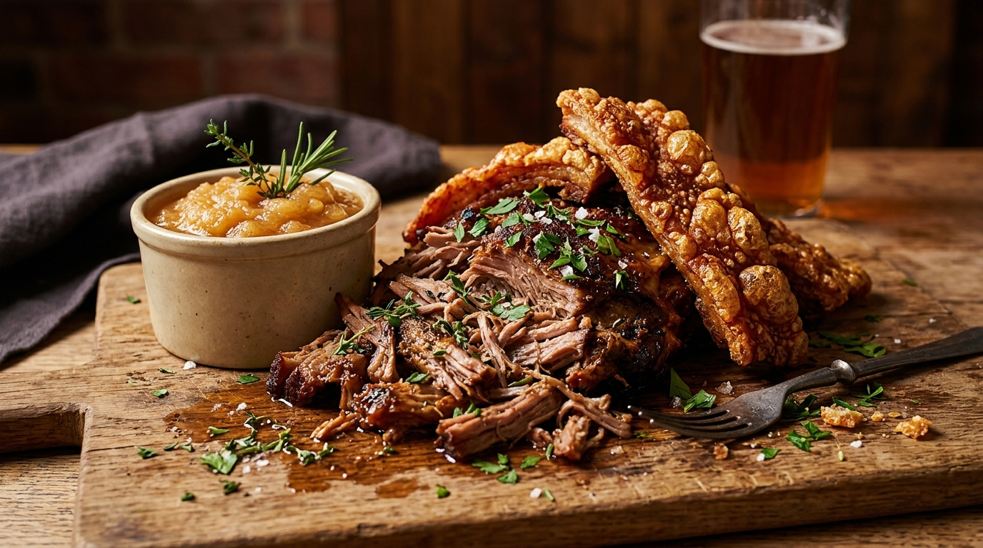 Slow roasted pulled pork with crispy crackling on a wooden board with apple sauce and herbs