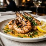 Grilled tiger prawns with garlic butter sauce, lemon wedges and parsley on a white plate in a restaurant setting