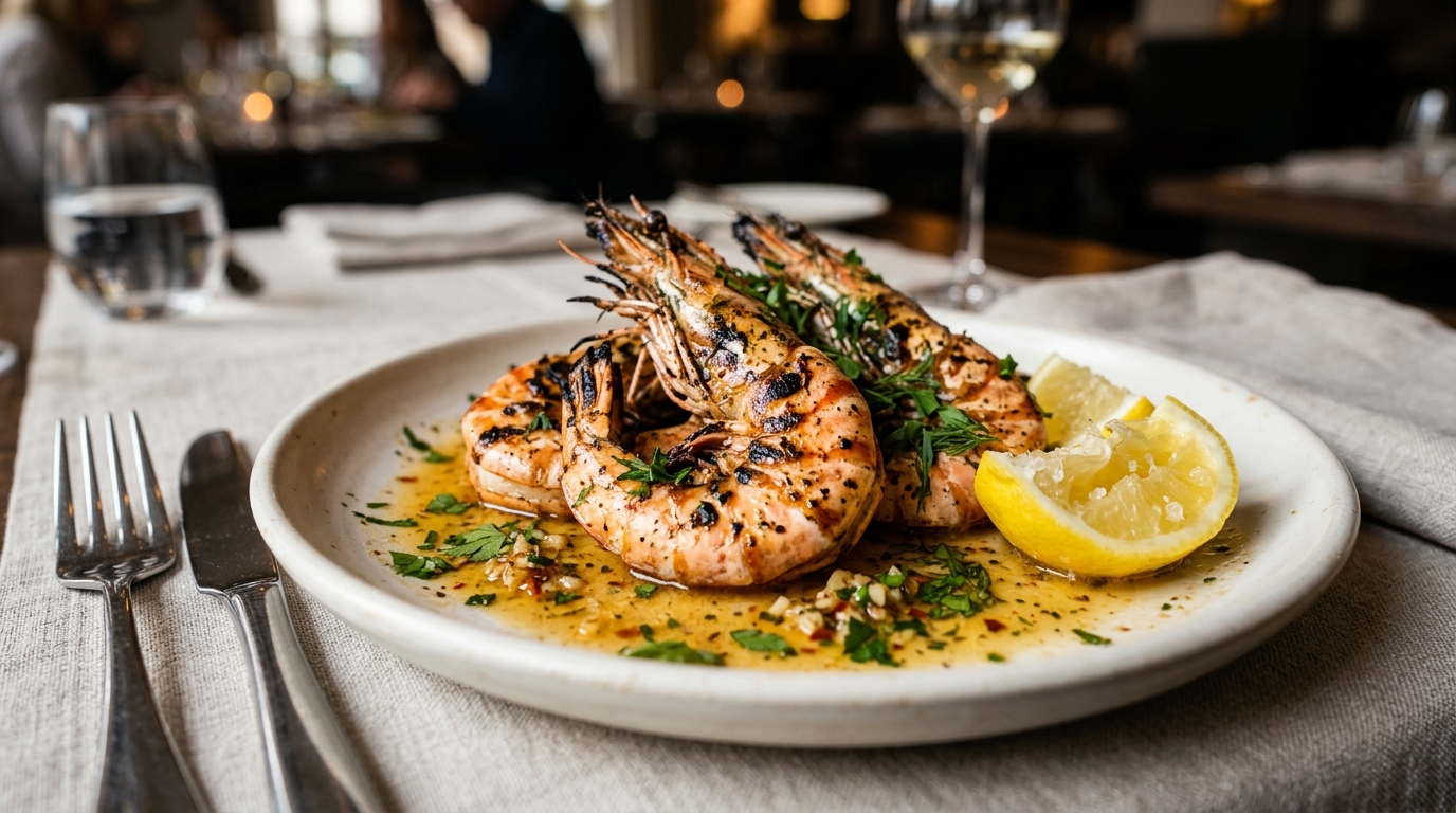 Grilled tiger prawns with garlic butter sauce, lemon wedges and parsley on a white plate in a restaurant setting